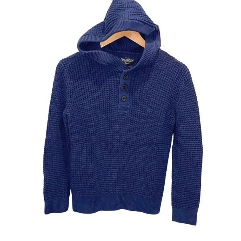 Oshkosh B'gosh Kids Waffle‎ Knit Quarter Button Hooded Sweater Navy Size 12/12A